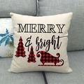 Funda de cojín navideño de lino con texto Merry & Bright y diseño de trineo a cuadros - 45x45 cm / Árbol a Cuadros Beige Merry Bright Trineo (22)
