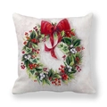 Square peach skin pillowcase featuring a festive Christmas wreath and a large red bow - Realistic Holly Wreath with Big Red Bow Style (19)