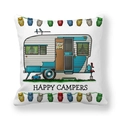 Detalle de funda de cojín de piel de melocotón con caravana vintage y luces de búho coloridas - Autocaravana de Camping Azul y Blanca(21)