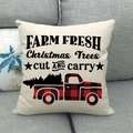 Linen Christmas pillow cover with red plaid truck and Farm Fresh tree print - Beige - Plaid Truck Christmas Trees (Style 13)