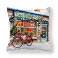 Christmas peach skin pillowcase featuring festive vintage shop and red bicycle illustration - 45x45cm / Vintage Shop With String Lights Style (8)