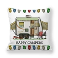 Funda de cojín de caravana animada con texto Happy Campers y luces de búhos - Autocaravana Azul(2)