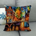 Detailed texture of linen cushion cover with colorful oil painting city streetscape art - City Bridge Style (7)
