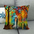 Detailed texture of impressionist oil painting linen cushion cover on a sofa - Couple Embracing in Forest Style (8)