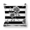 Striped peach skin pillowcase with black and white stripes and grey rose floral pattern - Grayscale Realistic Rose B&W Horizontal Stripes (5)