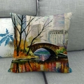Linen pillow cover with artistic oil painting landscape on a modern grey sofa - Late Autumn Bridge Style (9)