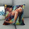 Linen cushion cover featuring vibrant oil painting portrait art on a grey sofa - Impressionist Art Style (12)