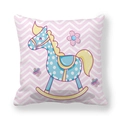 Close-up of peach skin fabric pillowcase with cute cartoon rocking horse illustration - 18x18 Inch / Blue Polka Dot Rocking Horse Zigzag