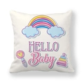 Close-up of square peach skin pillowcase featuring rainbow and HELLO Baby cartoon pattern - 18x18 Inch / Rainbow Stacking Ring Rattle (HELLO Baby)