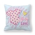 Close-up of peach skin fabric pillowcase with Baby Love print and cute baby jumpsuit - 18x18 Inch / Blue Base Pink Polka Bodysuit (Baby Love)