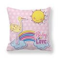 Close-up of cute cartoon stork and baby love text on pink peach skin pillowcase - 18x18 Inch / Stork Sun Rainbow Polka Dot (Baby Love)