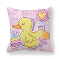 Close-up of peach skin cushion cover featuring cute rubber duck and baby toy patterns - 18x18 Inch / Duck Stacking Toy Pacifier Watermelon