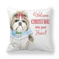 Kerst kussensloop met schattige hond en feestelijke kerstgroet op een witte basis - Aquarel Shih Tzu Stijl (2)