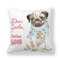 Detail van kerst pug kussensloop met Dear Santa belettering en perzikhuid stoftextuur - Aquarel Mops Stijl (4)