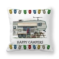 Funda de cojín de piel de melocotón con ilustración de caravana y texto Happy Campers - Autocaravana Gris Claro Retro(5)