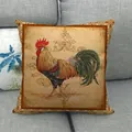 Vintage rooster pattern linen throw pillow cover displayed on a grey fabric sofa - Vintage Beige Rooster Style (3)