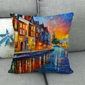 Linen decorative pillow cover with colorful oil painting style city waterscape print - Canal Night View Style (5)
