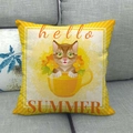 Detailed texture of linen throw pillow featuring a cat in a teacup and Hello Summer text - Bright Yellow Summer Teacup Cat Style (8)