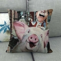 Detail of square vintage artistic throw pillow with colorful pig print on linen fabric - Cheering Pink Pig and Figure (11)