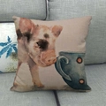 Close-up of vintage watercolor pig and blue cup print on linen texture throw pillow - Piglet with Blue Cup (15)