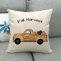 Linen Fall Harvest pillow cover with vintage truck, pumpkins and turkey on a grey sofa - Harvest Truck and Turkey Style