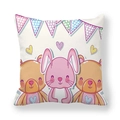 Cartoon peach skin pillowcase featuring a cute pink rabbit and brown bears with bunting - 18x18 Inch / Pink Rabbit Brown Bear Flags