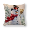 Detailansicht der Leinen-Kissenhülle mit Vintage-Schneemann-Druck und Textur - Vintage Schneemann mit Zylinder und Besen
