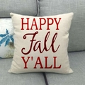 Linen autumn throw pillow cover featuring HAPPY FALL Y'ALL text on light beige fabric - Red Happy Fall Typography Style