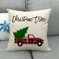 Beige linen Christmas pillowcase with red plaid truck and green tree pattern on grey sofa - 18x18 Inch / Beige Red Black Plaid Truck Tree (13)