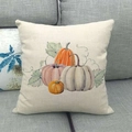 Modern linen pillowcase with autumn pumpkin print displayed on a gray fabric sofa - Tricolor Pumpkin Combination Style (3)