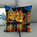 Linen pillow cover with artistic oil painting of European waterfront harbor scene - Harbor Buildings Style (13)