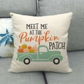 Linen pumpkin patch pillow cover featuring a green truck on a neutral sofa - Pumpkin Patch Artistic Text Style (2)