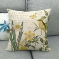 Linen cushion cover with vintage bird and floral print on a gray fabric sofa - Bird Flower Vintage Style (1) / 45x45cm
