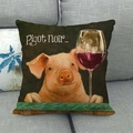 Vintage pig art cushion cover in linen texture featuring a pig and red wine illustration - Humorous Pig Drinking Red Wine (6)