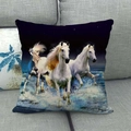 Detailed close-up of linen pillow cover showing three white horses running through ocean waves - White Horse Night Splash(22)