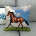 Detailed texture of linen cushion cover showing a galloping horse on a grey sofa - Brown Horse Sky Field(35)