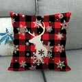 Christmas plaid linen cushion cover with white reindeer silhouette and snowflakes - 18x18 Inch / Red Black Plaid White Reindeer Snowflake (19)