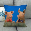 Square linen blend pillow cover featuring two illustrated pigs on a vibrant blue background - Two Pigs Behind Fence (7)