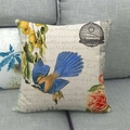 Modern watercolor flower and bird linen pillowcase with retro nature print on sofa - Blue Bird And Rose Style (1)