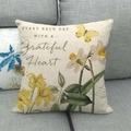 Square linen pillow cover with yellow lily, butterfly print and grateful heart text - Lily Quote Inspirational Style (3) / 45x45cm
