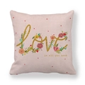 Detailed texture of pink linen pillowcase with gold Love is all you need text print - Pink Love is All You Need (13)