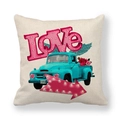 Detail of vintage linen pillowcase with retro pickup truck and pink Love neon sign design - Cyan Blue Pickup Truck Style (1) / Standard Spec
