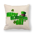 Close-up of linen St. Patrick's Day pillow cover with green Happy St. Patricks Day print - Happy St Patrick Art Font (12)