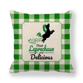 Close-up of St. Patrick's Day green plaid linen pillowcase with funny unicorn print - Humorous Unicorn (12)