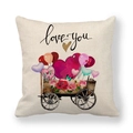 Linen Valentine's Day throw pillow cover featuring a love truck and rose pattern - Wooden Flower Cart with Heart Balloons Style (4) / Standard Spec