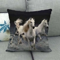 Square linen pillow cover featuring three white horses running through water on black background - Three Horses Black Background(2)
