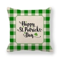 Close-up of Happy St. Patrick's Day lettering and green clover on linen pillowcase - Festive Art Text (15)
