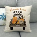 Halloween Kissenbezug Leinen mit Karomuster Kürbis Pickup auf grauem Stoffsofa - Pumpkin Patch Stil (2)