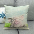 Square throw pillow cover featuring a vintage hand-painted pink pig on rustic linen fabric - Pink Pig Peeking from Fence (10)