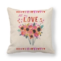 Detail of linen pillowcase with All my Love watercolor flowers and heart patterns - Watercolor Bouquet